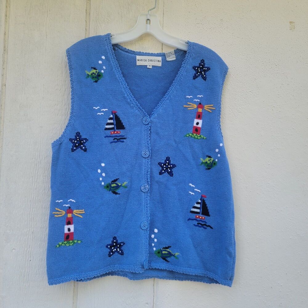 VTG Marisa Christina Nautical Sweater Vest Size Med Boating Fish Cape Cod